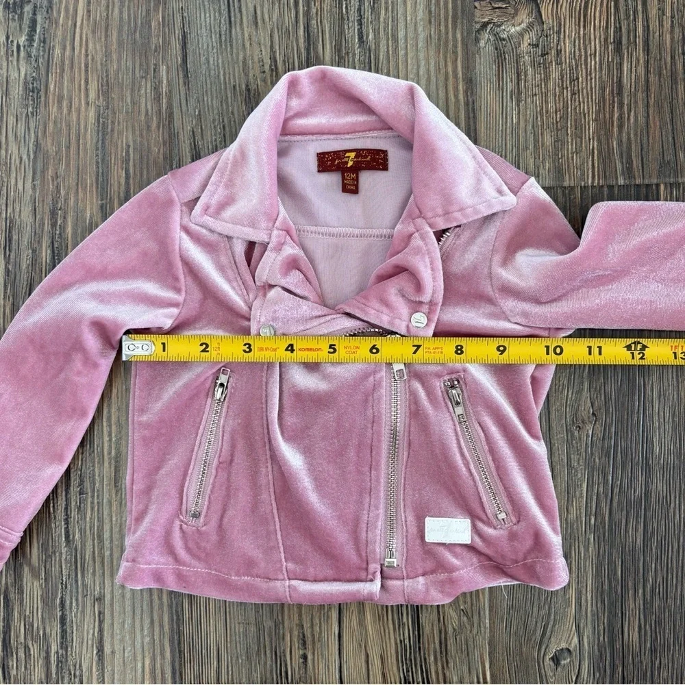 7 For All Mankind Pink Velour Full Zip Baby Moto Jacket Size 12 Months Logo